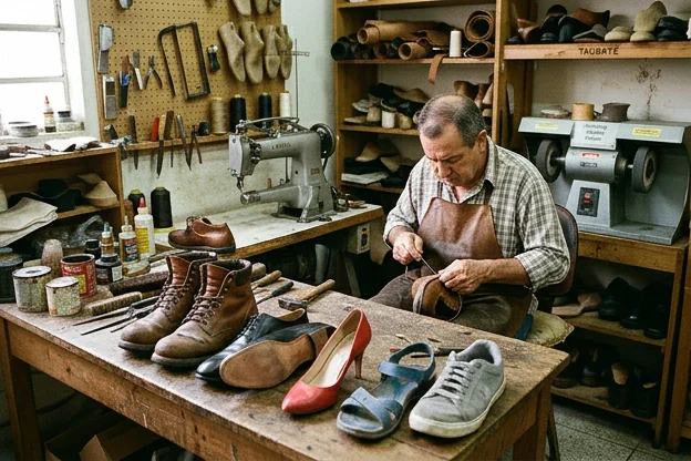 Diversos tipos de sapatos expostos em um espaço de sapateiro em Taubaté.