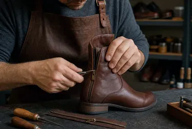 Sapateiro consertando zíper de botas em Taubaté.