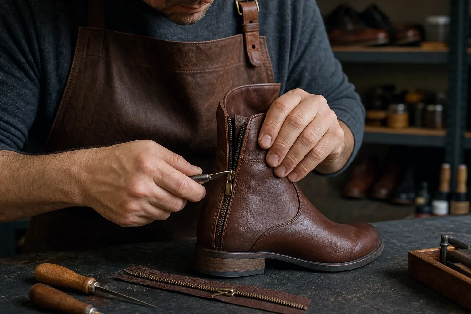 Sapateiro consertando zíper de botas em Taubaté.