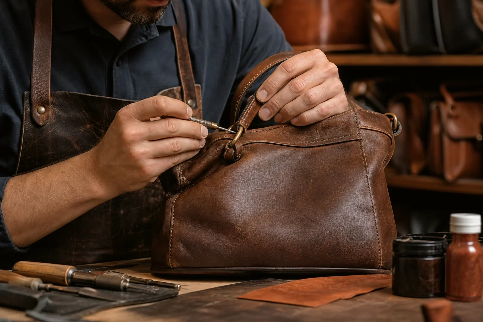 Sapateiro reformando bolsa de couro em Taubaté.